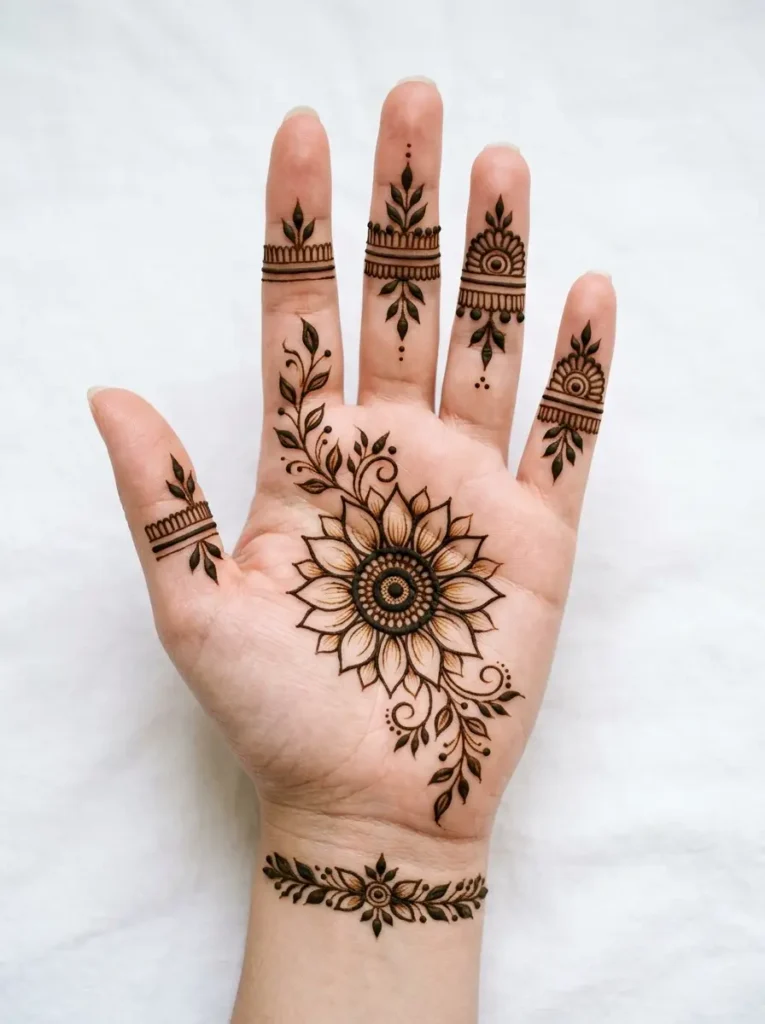 Beautiful sunflower Left Hand Beginner Cute Simple Mehndi Designs for Front Hands