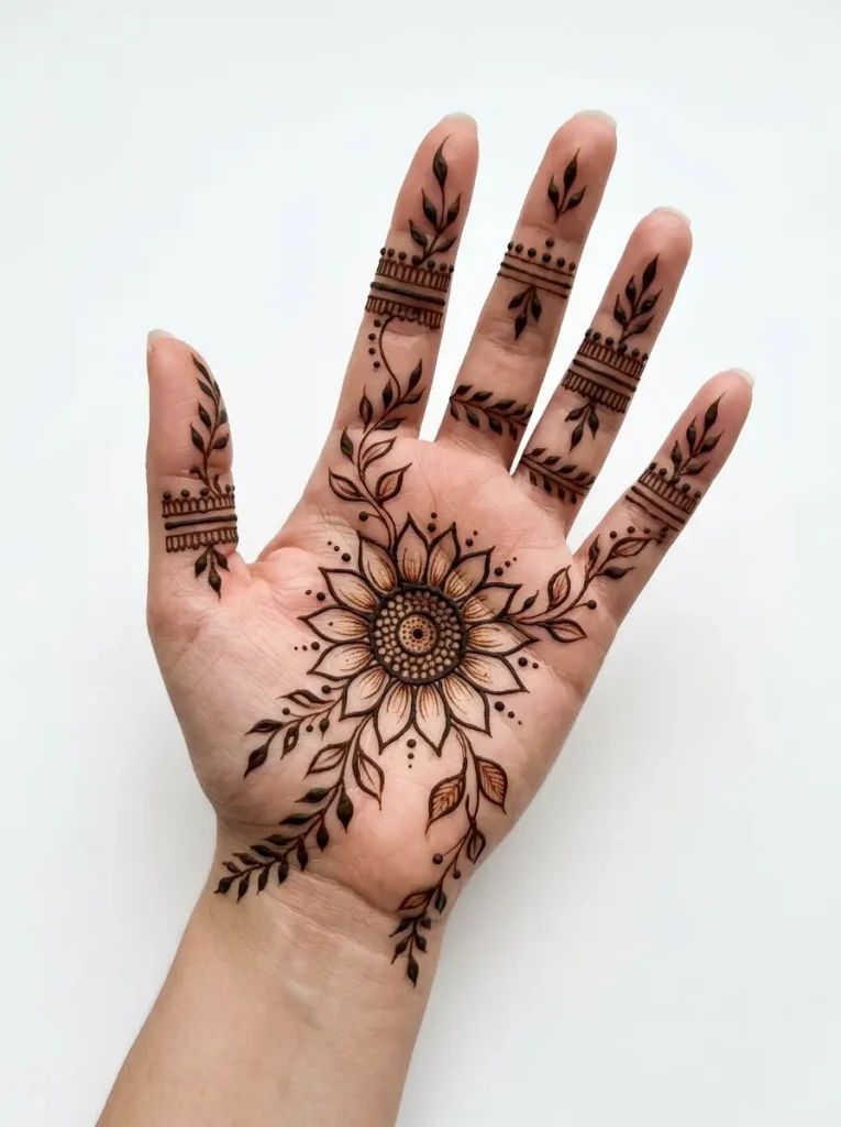 Beautiful sunflower Left Hand Beginner Cute Simple Mehndi Designs for Front Hands