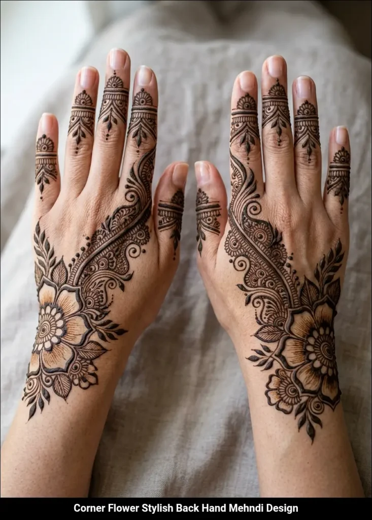 Corner Flower Stylish Back Hand Mehndi Design
