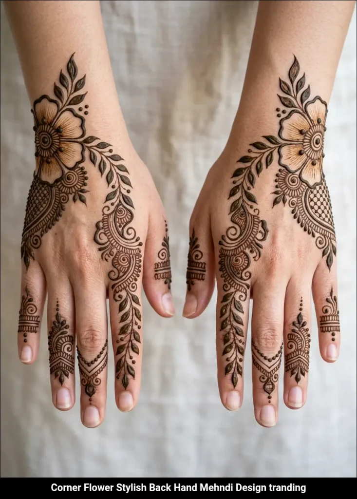Corner Flower Stylish Back Hand Mehndi Design tranding
