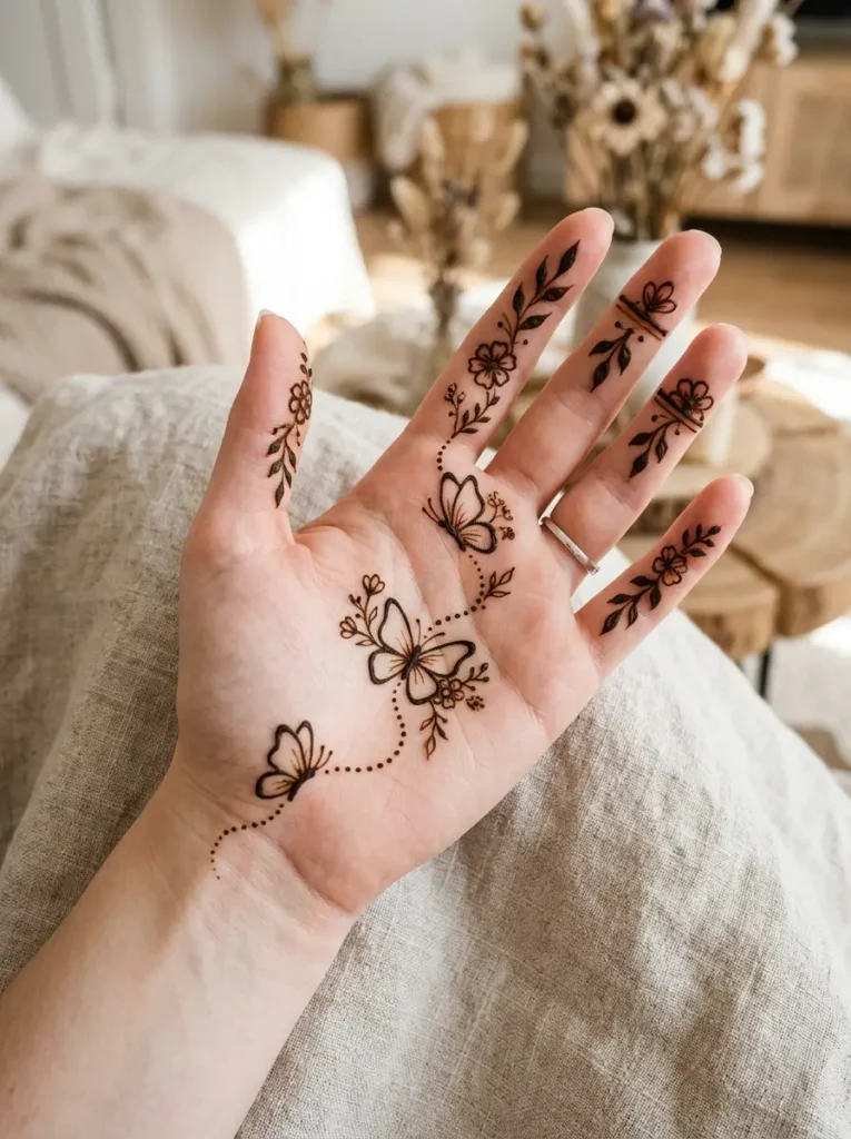 Decorated butterfly Left Hand Beginner Cute Simple Mehndi Designs for Front Hands