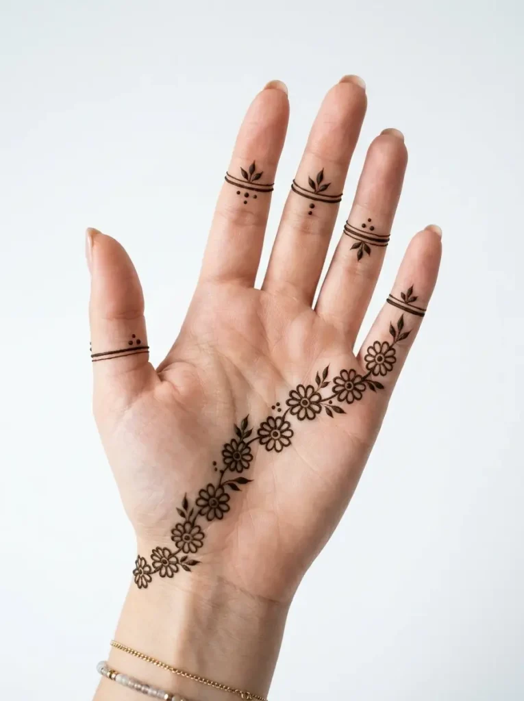 Floral chain Left Hand Beginner Cute Simple Mehndi Designs for Front Hands