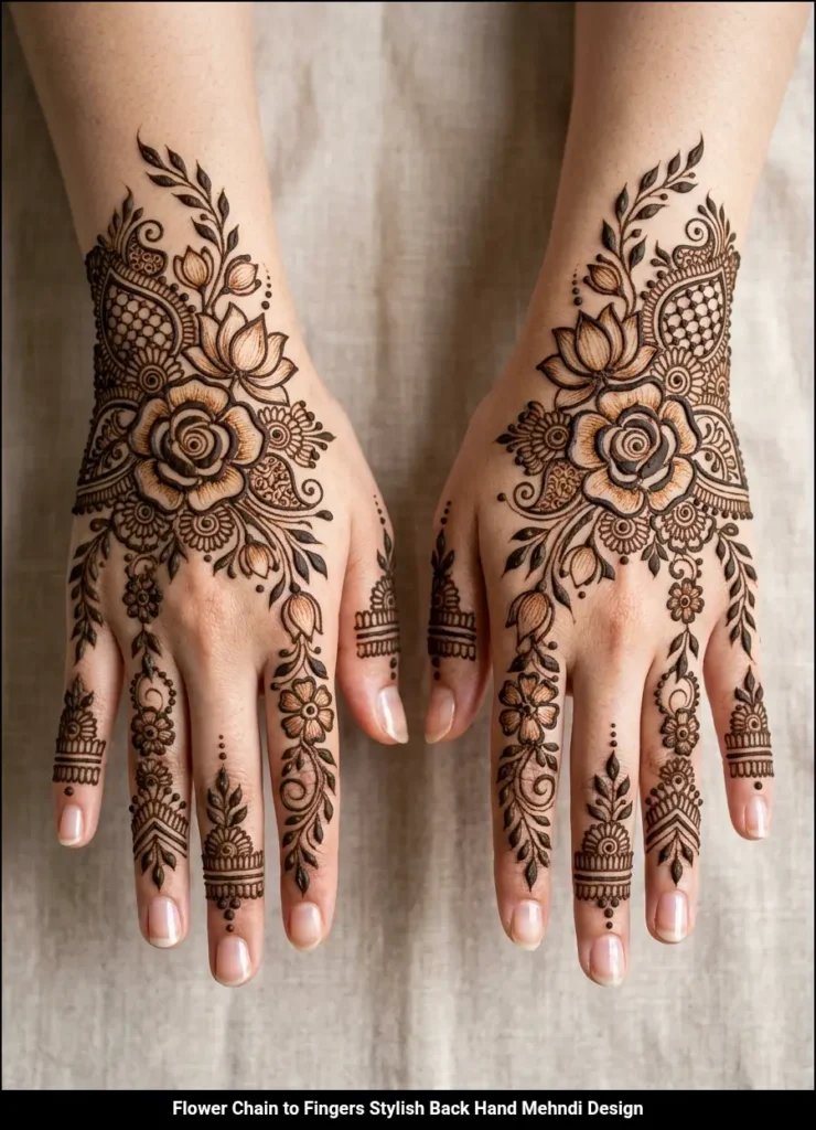 Flower Chain to Fingers Stylish Back Hand Mehndi Design