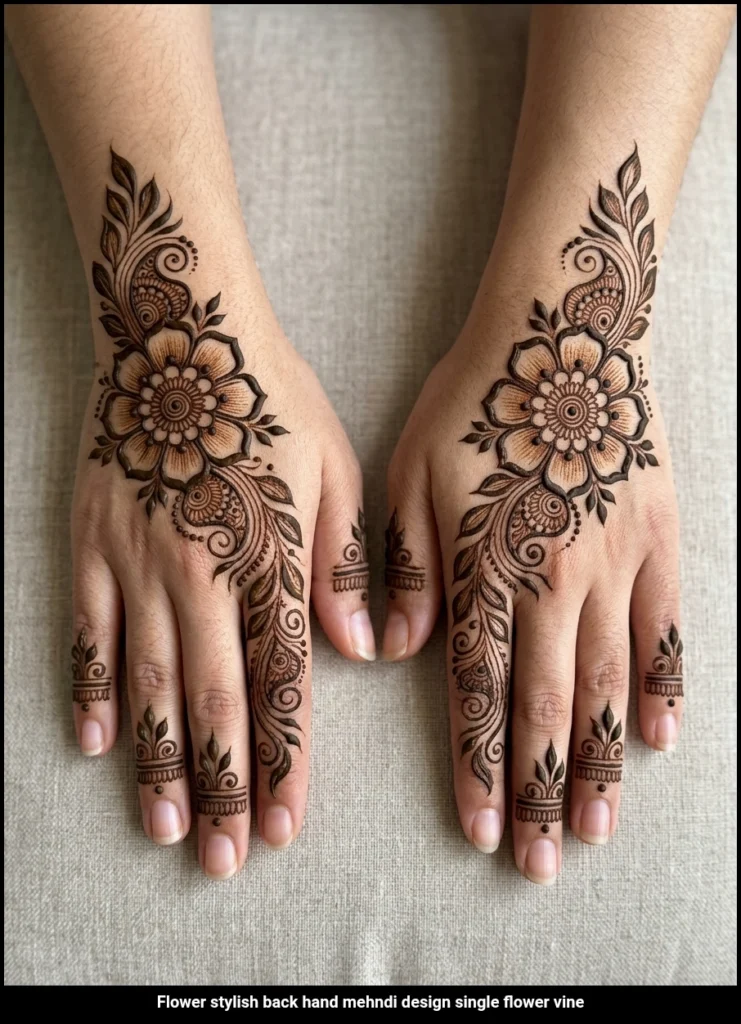 Flower stylish back hand mehndi design single flower vine
