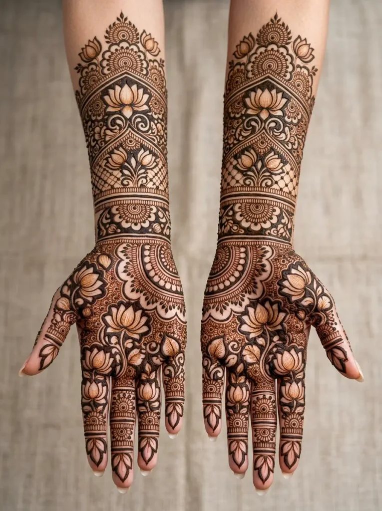 Full Hand Lotus Bridal Mehndi Design