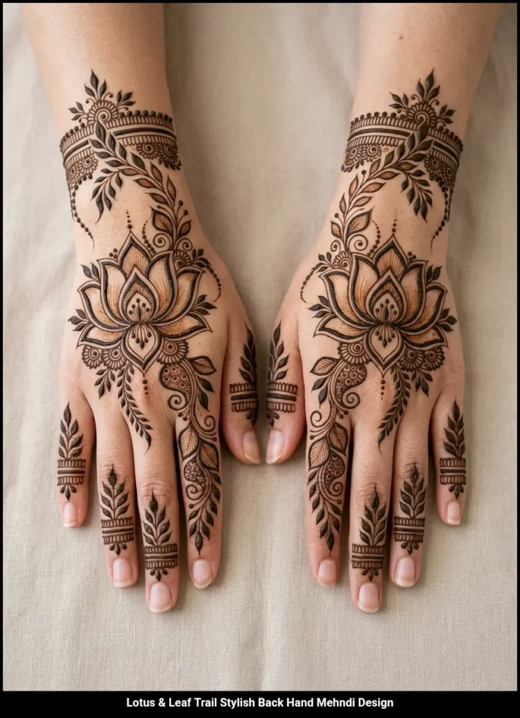 Lotus & Leaf Trail Stylish Back Hand Mehndi Design