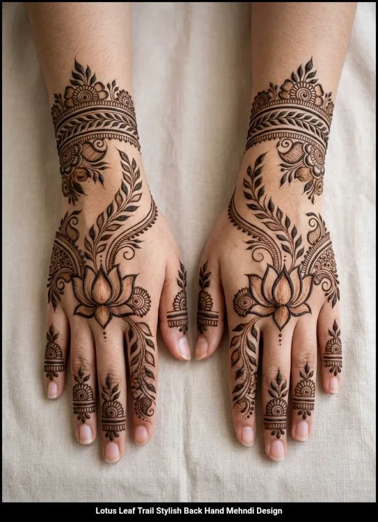 Lotus Leaf Trail Stylish Back Hand Mehndi Design