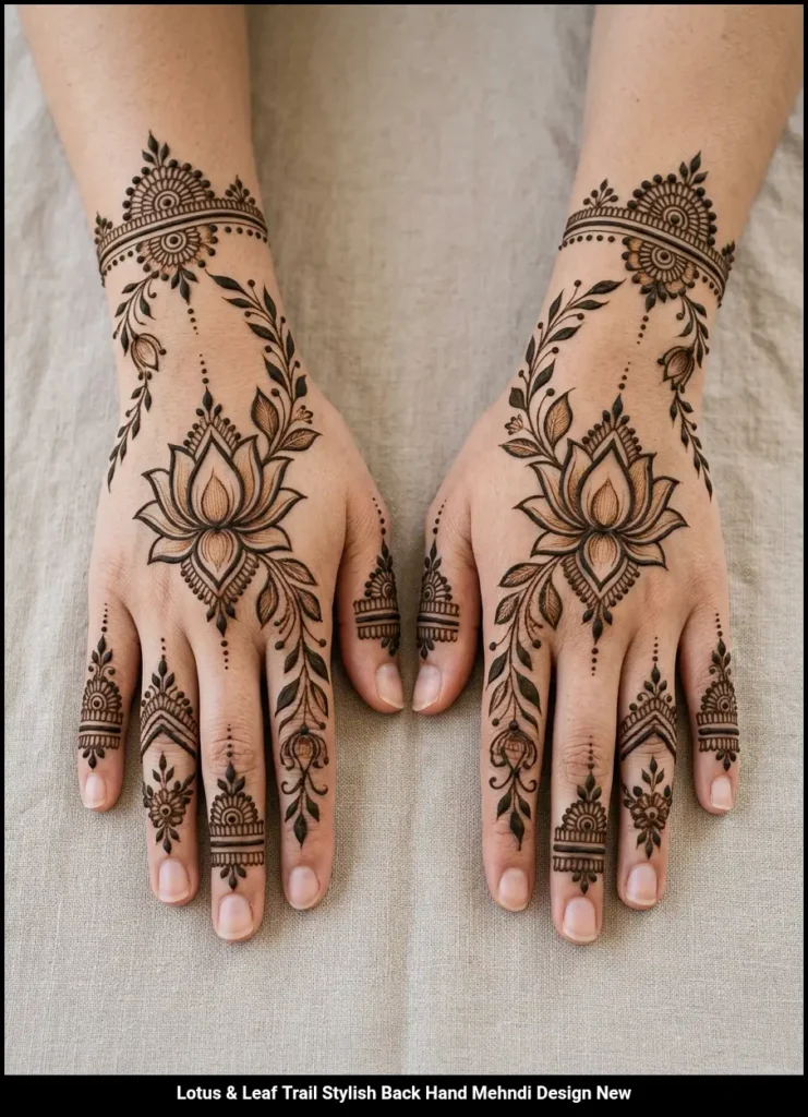 Lotus & Leaf Trail Stylish Back Hand Mehndi Design New
