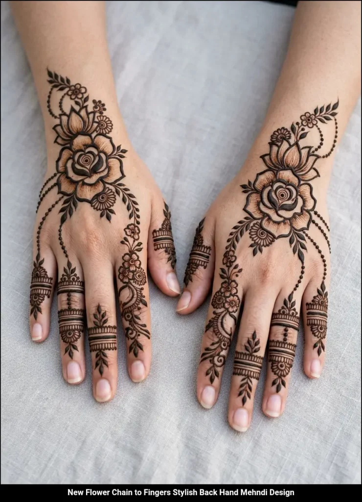 New Flower Chain to Fingers Stylish Back Hand Mehndi Design