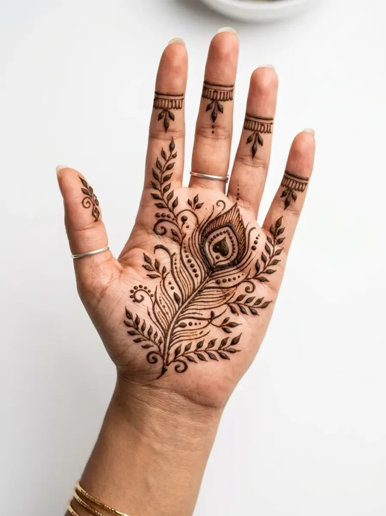 Peacock feather Left Hand Beginner Cute Simple Mehndi Designs for Front Hands