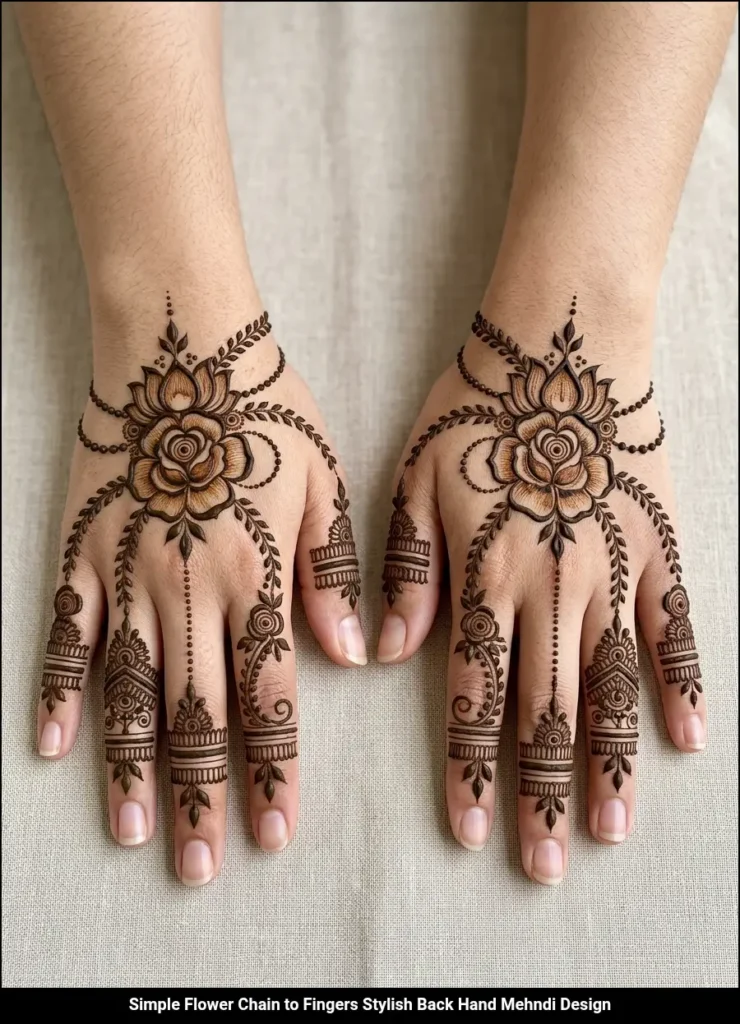 Simple Flower Chain to Fingers Stylish Back Hand Mehndi Design