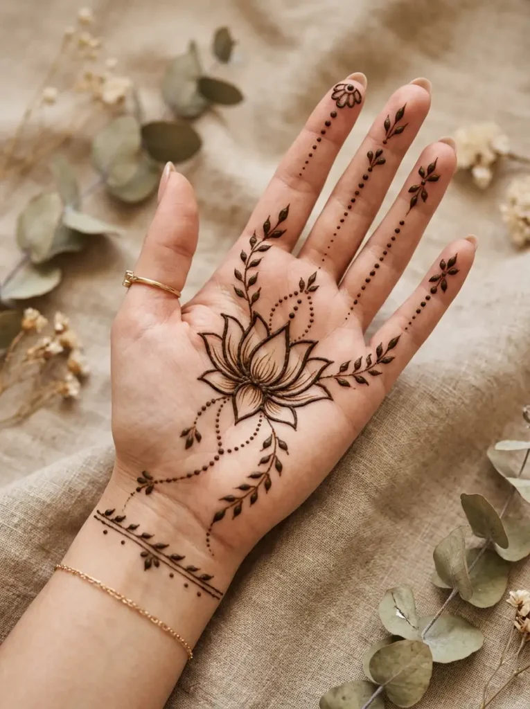 Simple and beautiful lotus Left Hand Beginner Cute Simple Mehndi Designs for Front Hands