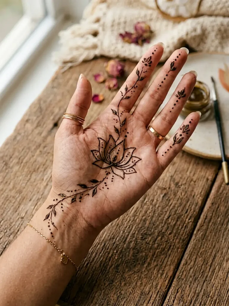 Simple lotus Left Hand Beginner Cute Simple Mehndi Designs for Front Hands