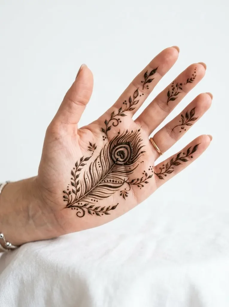 Simple peacock feather Left Hand Beginner Cute Simple Mehndi Designs for Front Hands