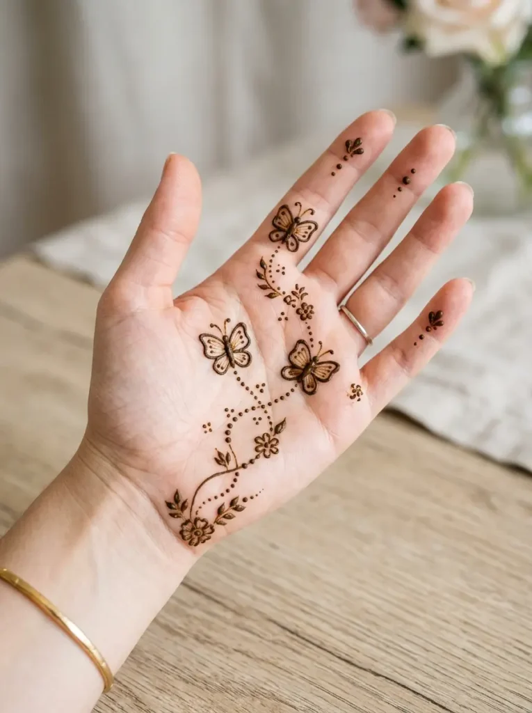 Small butterfly Left Hand Beginner Cute Simple Mehndi Designs for Front Hands
