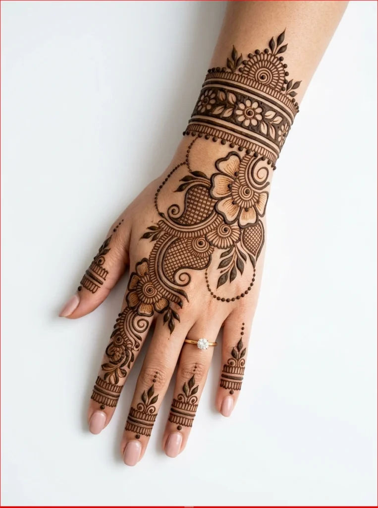 Stylish Arabic back hand mehndi design with elegant floral trails and modern henna patterns for every occasion.