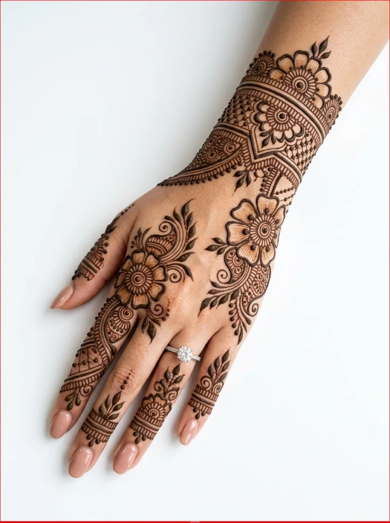 Modern Arabic back hand mehndi design featuring simple floral vines and delicate finger details.