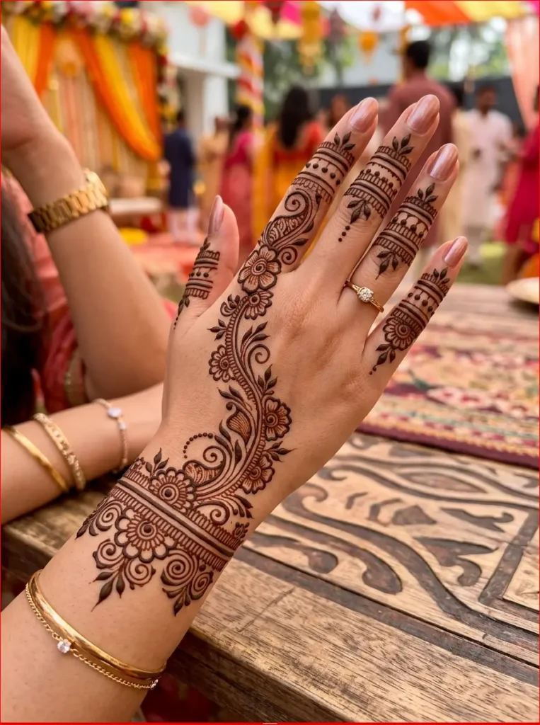 Trending Arabic back hand mehndi design with clean floral artwork and modern minimal style.
