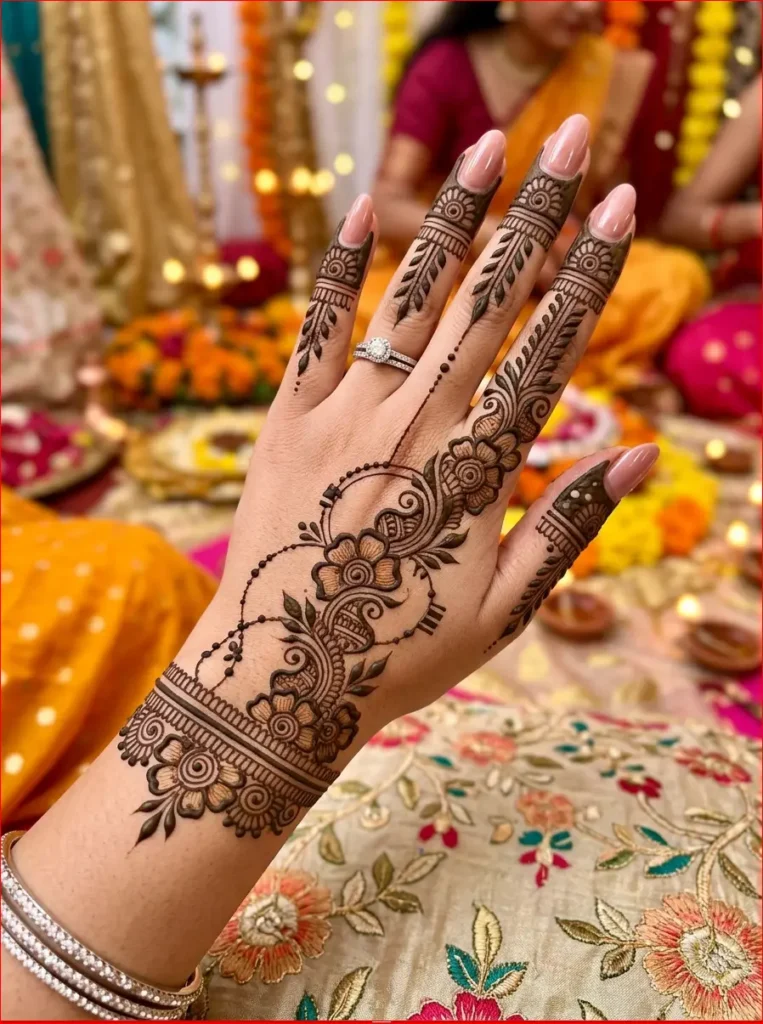Beautiful bridal back hand mehndi design with trendy paisley and leaf patterns.