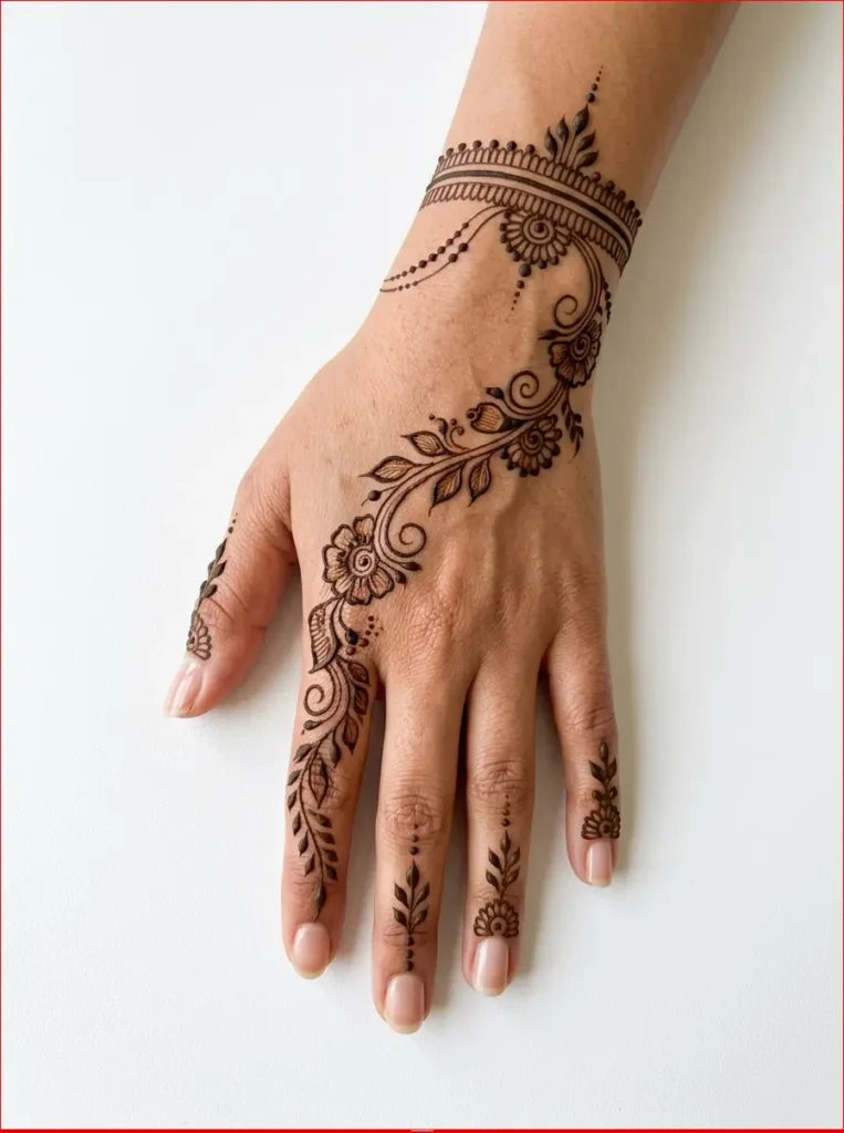 Beautiful back hand mehndi design with delicate flowers, paisley patterns, and finger detailing.