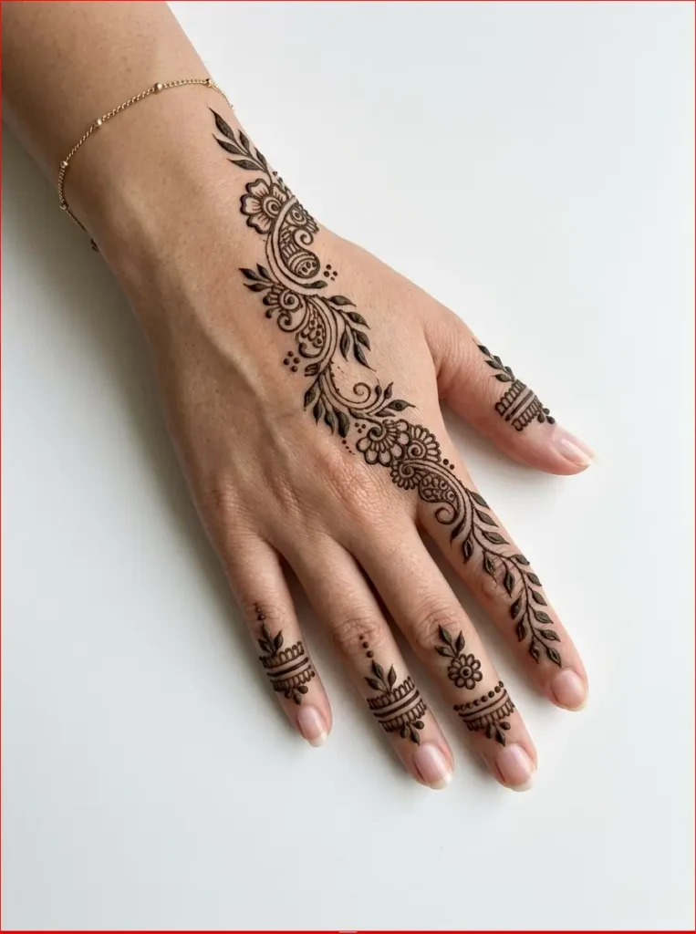 Simple stylish back hand mehndi design featuring modern floral vines and leaf motifs.
