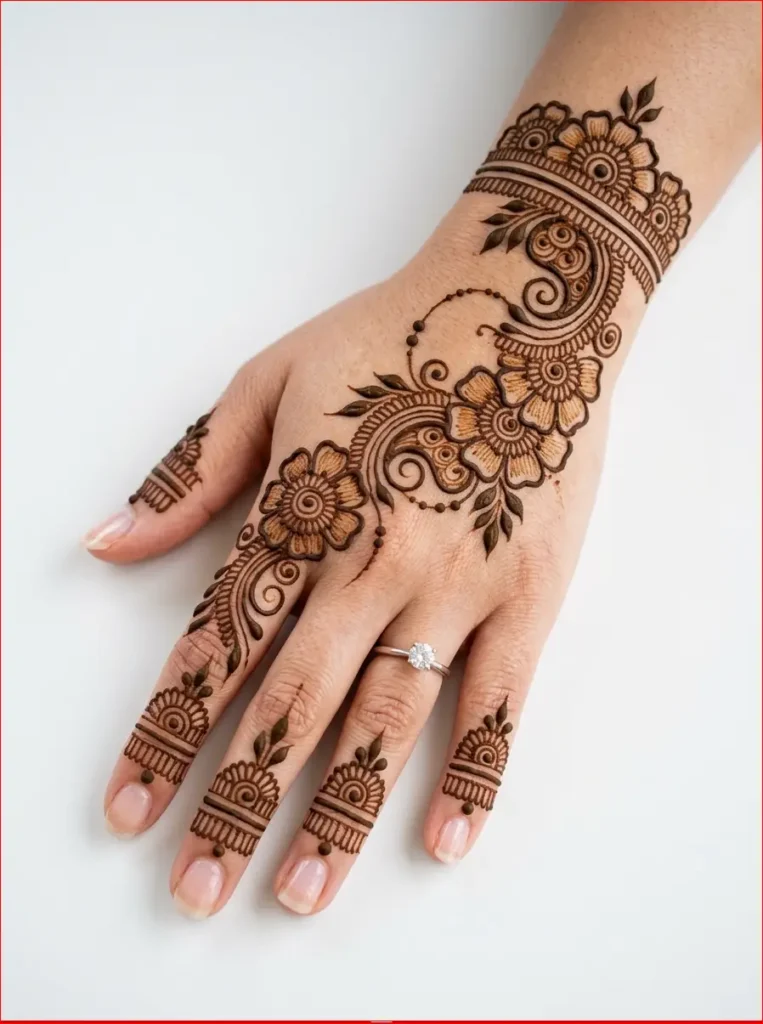 Stylish back hand mehndi design with elegant floral Arabic pattern and fine henna details.