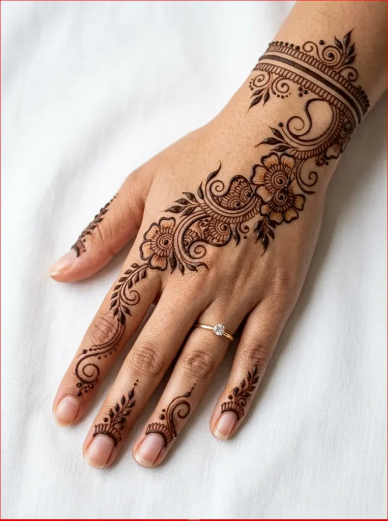 Unique stylish back hand mehndi design with simple floral motifs and elegant Arabic henna style.