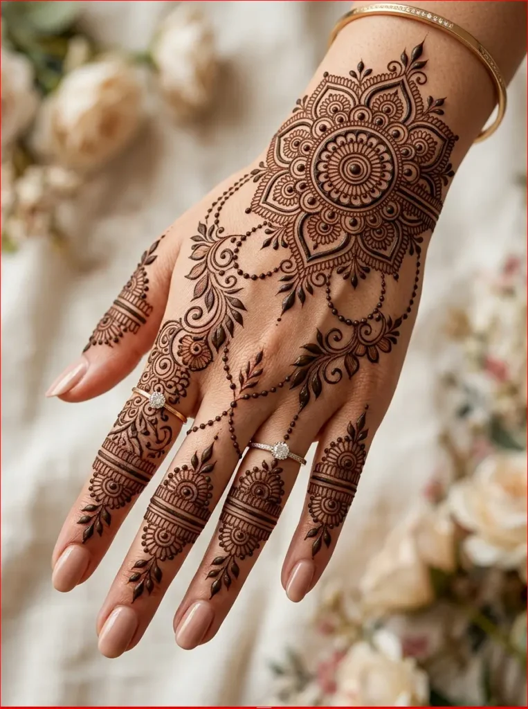 Beautiful Arabic back hand mehndi design featuring bold flowers, leaves, and intricate details.