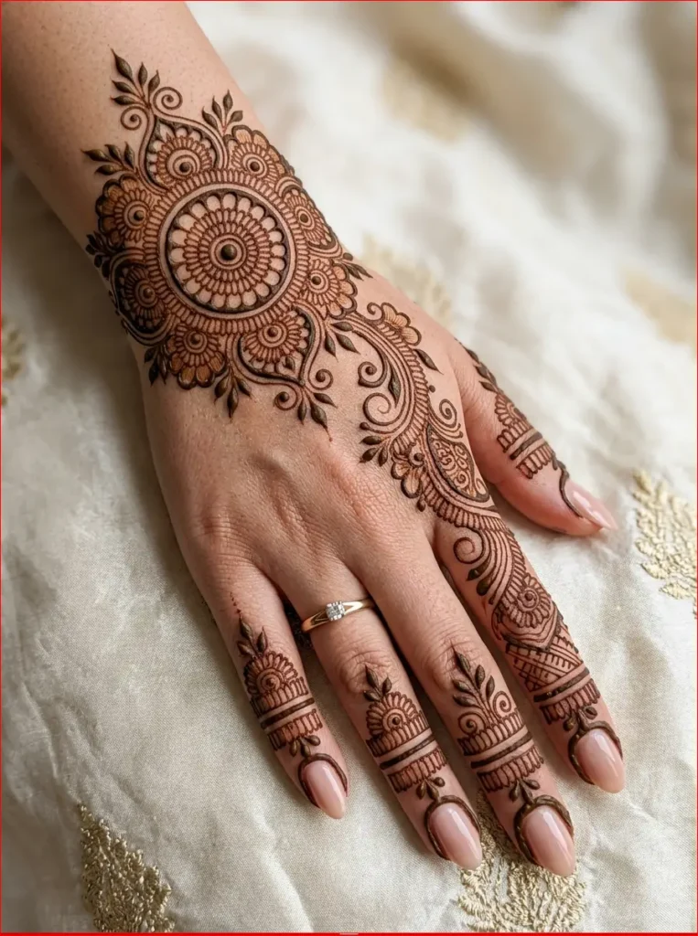 Modern Arabic back hand mehndi design with elegant vines, roses, and clean negative space.