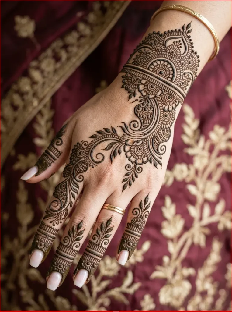 Stylish Arabic back hand mehndi design with elegant floral trail and modern henna pattern.