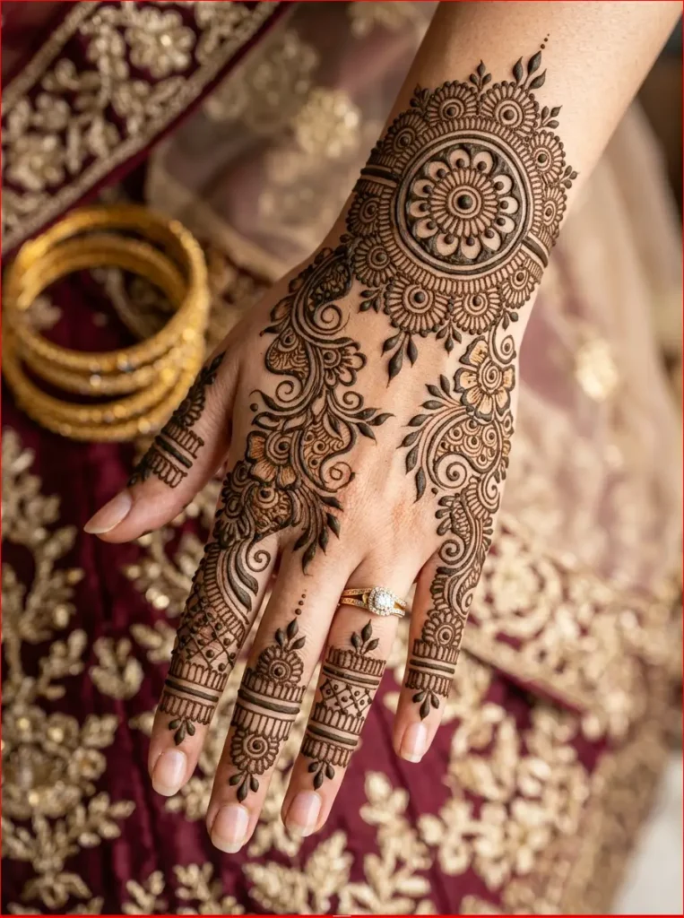 Simple and stylish Arabic mehndi design for the back hand with graceful floral artwork.