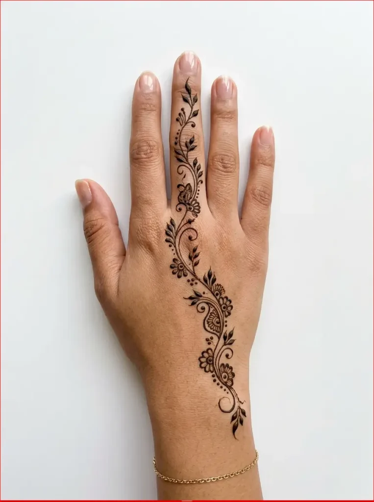 Contemporary minimalist henna design for the back hand with a graceful diagonal layout.