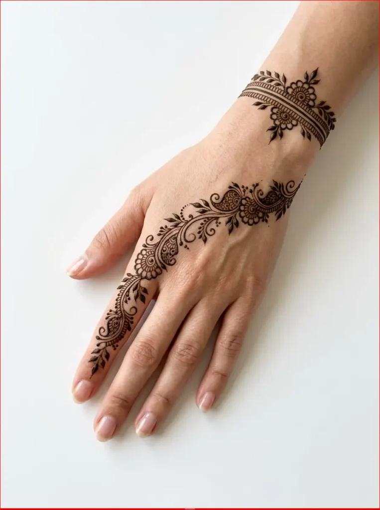 Light Arabic back hand mehndi pattern with elegant leaf accents and fine floral details.