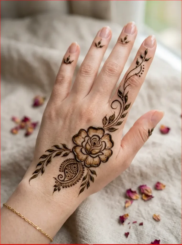 Latest stylish back hand mehndi design with minimal Arabic henna artwork for women.