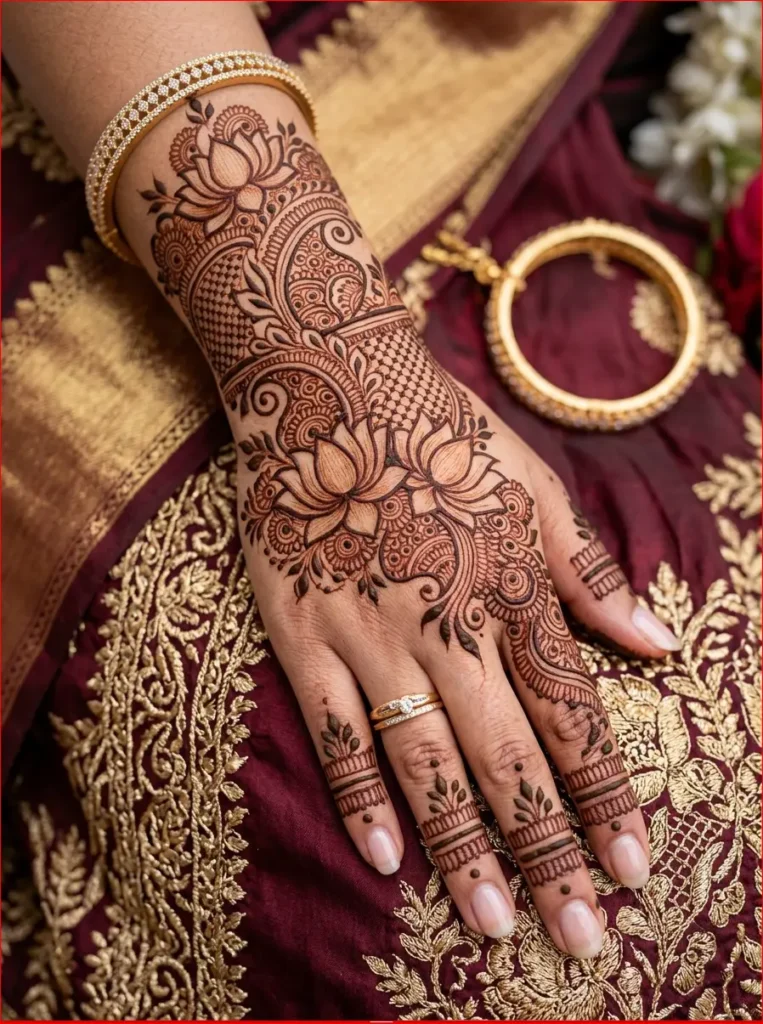 Latest bridal Arabic back hand henna design with paisley motifs and delicate finger patterns.