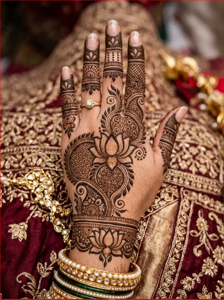 Premium Arabic back hand mehndi design with detailed floral motifs and realistic henna artwork.