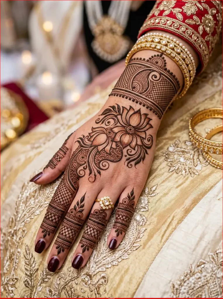 Luxury Arabic henna design for the back hand with intricate floral and lace-inspired patterns.