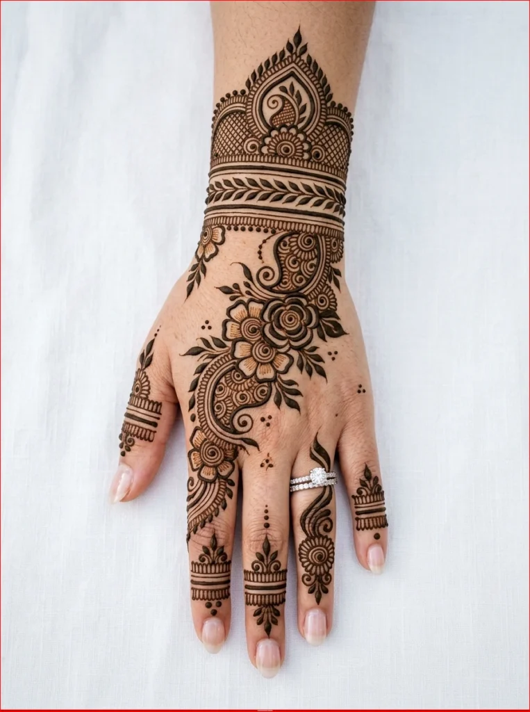 Unique back hand mehndi design with intricate floral motifs and stylish wrist pattern for brides.