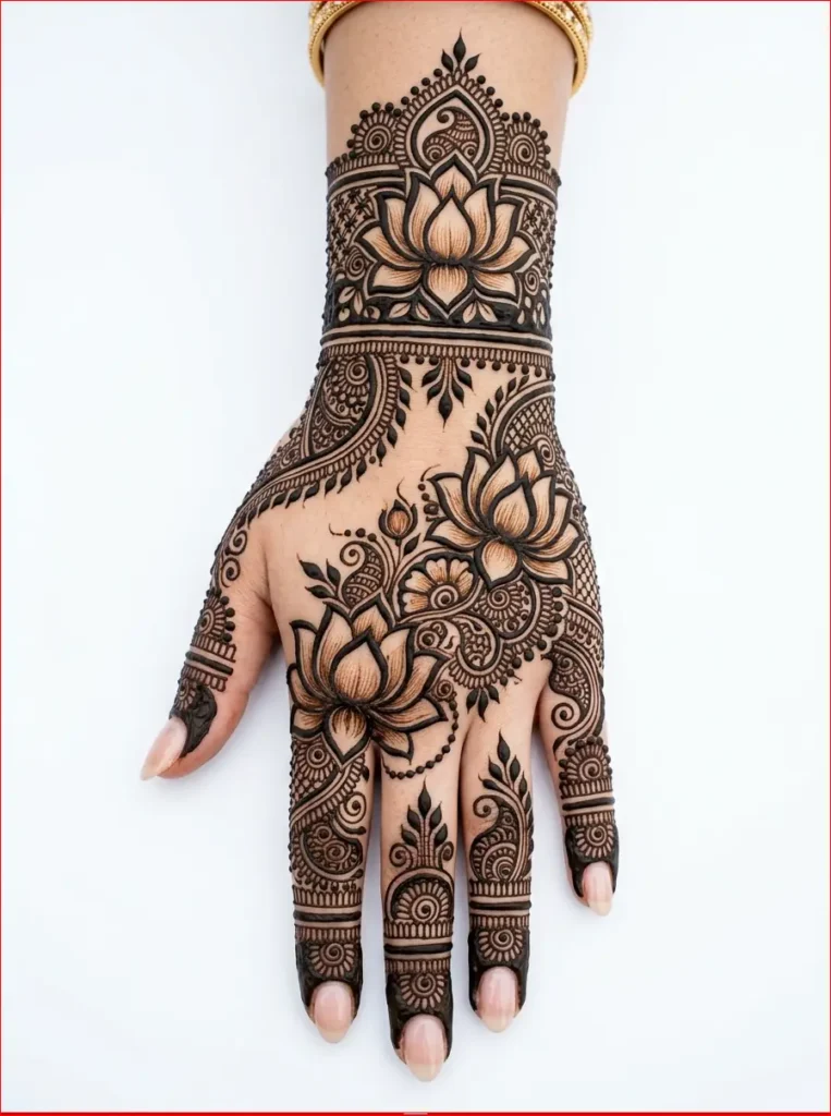 Simple stylish back hand mehndi design featuring modern floral Arabic pattern