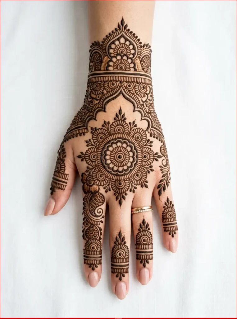 Stylish wedding mehndi design covering the full back hand with premium Arabic-inspired artwork.