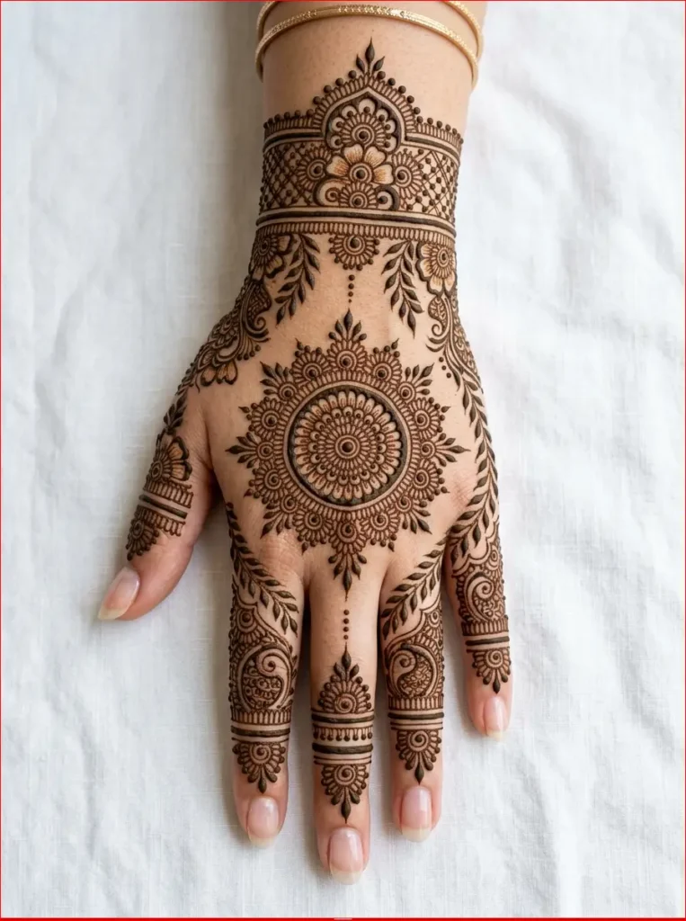 Intricate bridal henna design for the back hand with ornamental wrist and fingertip patterns.