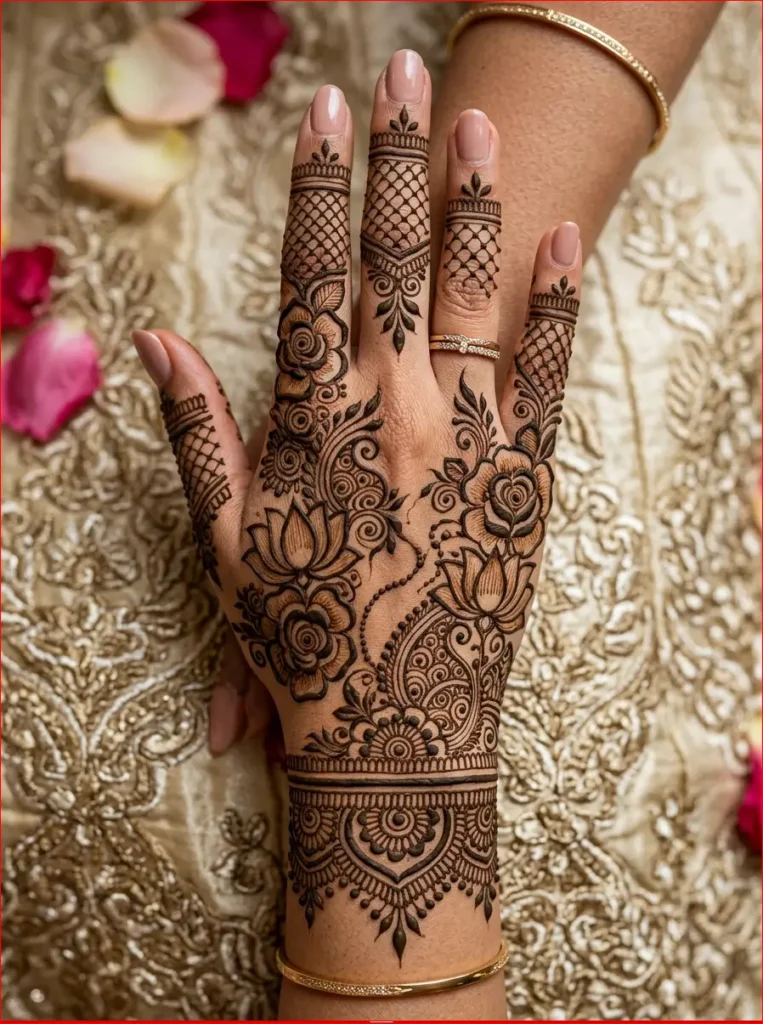 Traditional Indian bridal full back hand mehndi design with rich floral and geometric details.