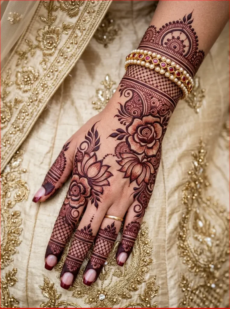 Latest full back hand bridal mehndi design with decorative wrist cuff, paisleys, and fine line detailing.