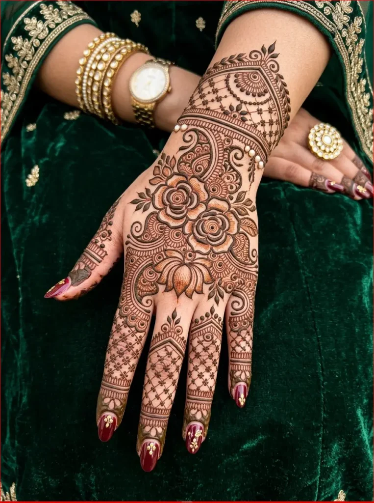 Luxury bridal back hand mehndi pattern with elegant lace-style henna and bold floral elements.