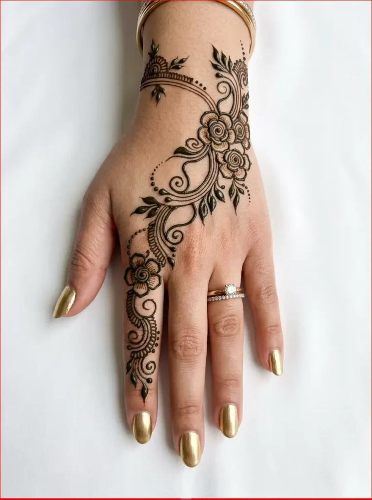 Modern stylish back hand henna design with clean lines and graceful Arabic-inspired artwork.