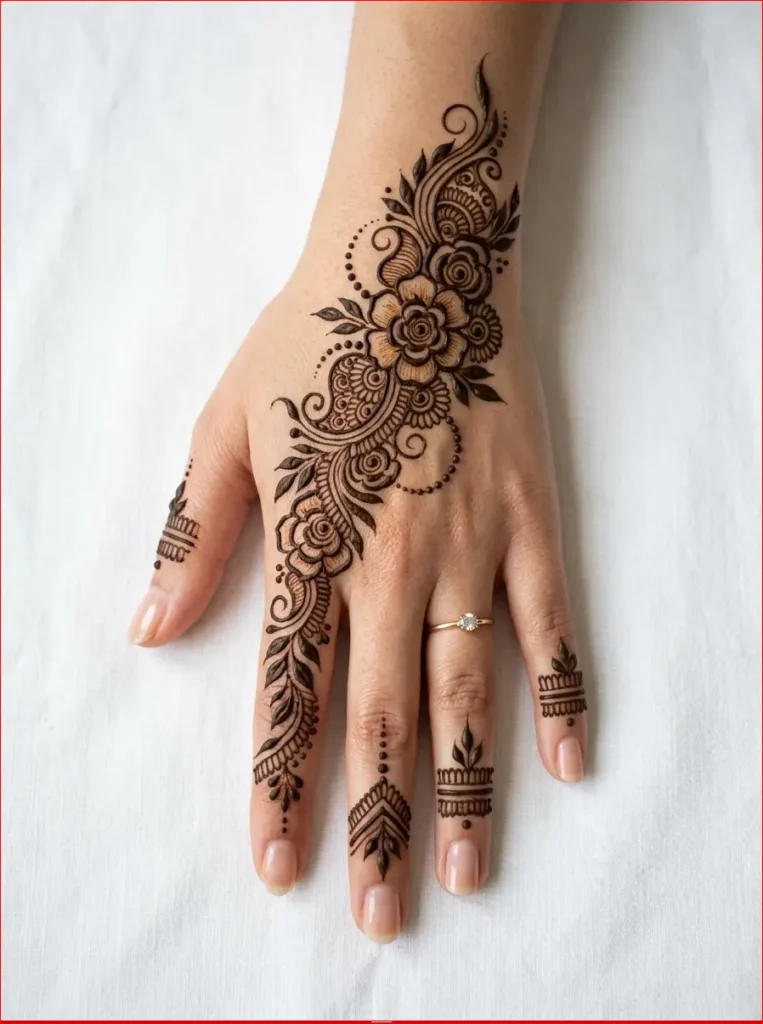 Elegant bridal back hand mehndi design featuring floral patterns and intricate henna details.