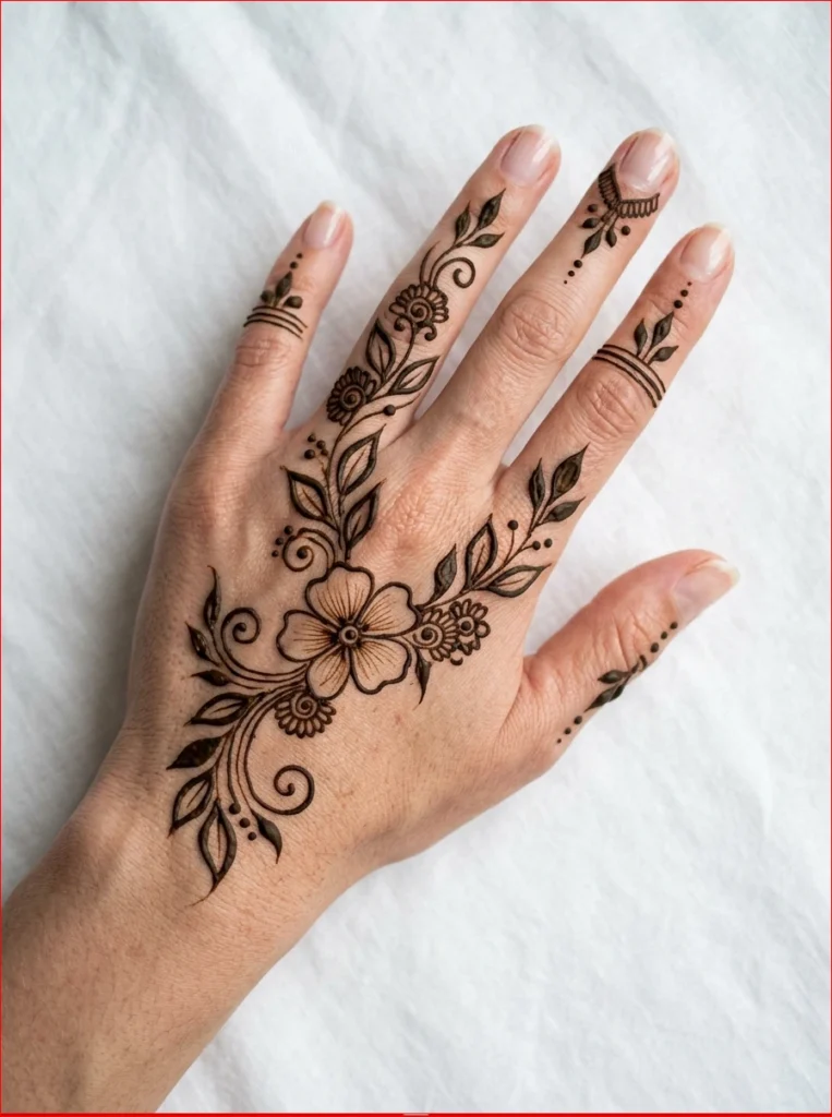 Latest festival back hand mehndi design with bold flowers, elegant leaves, and contemporary Arabic style.