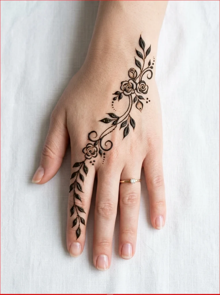 Premium back hand Arabic mehndi design with detailed finger patterns and graceful floral henna artwork.