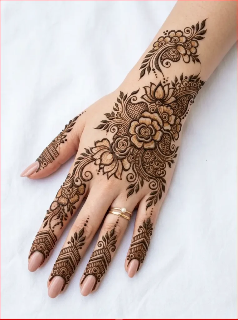 Modern Arabic floral back hand mehndi design for weddings and festive occasions