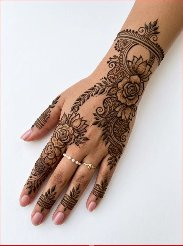 Easy floral back hand mehndi design with elegant finger trail and wrist pattern